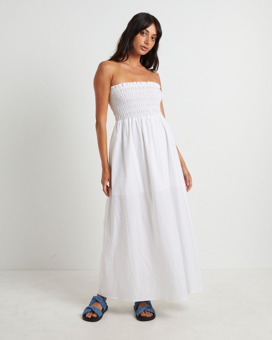 New SUBTITLED Esme Shirred Bandeau Maxi Dress In White