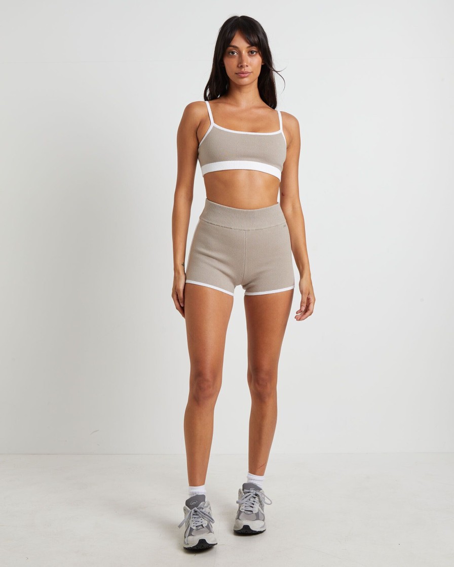 Wholesale SUBTITLED SPORTS CLUB Kay Knit Contrast Crop Top In Biscuit Beige