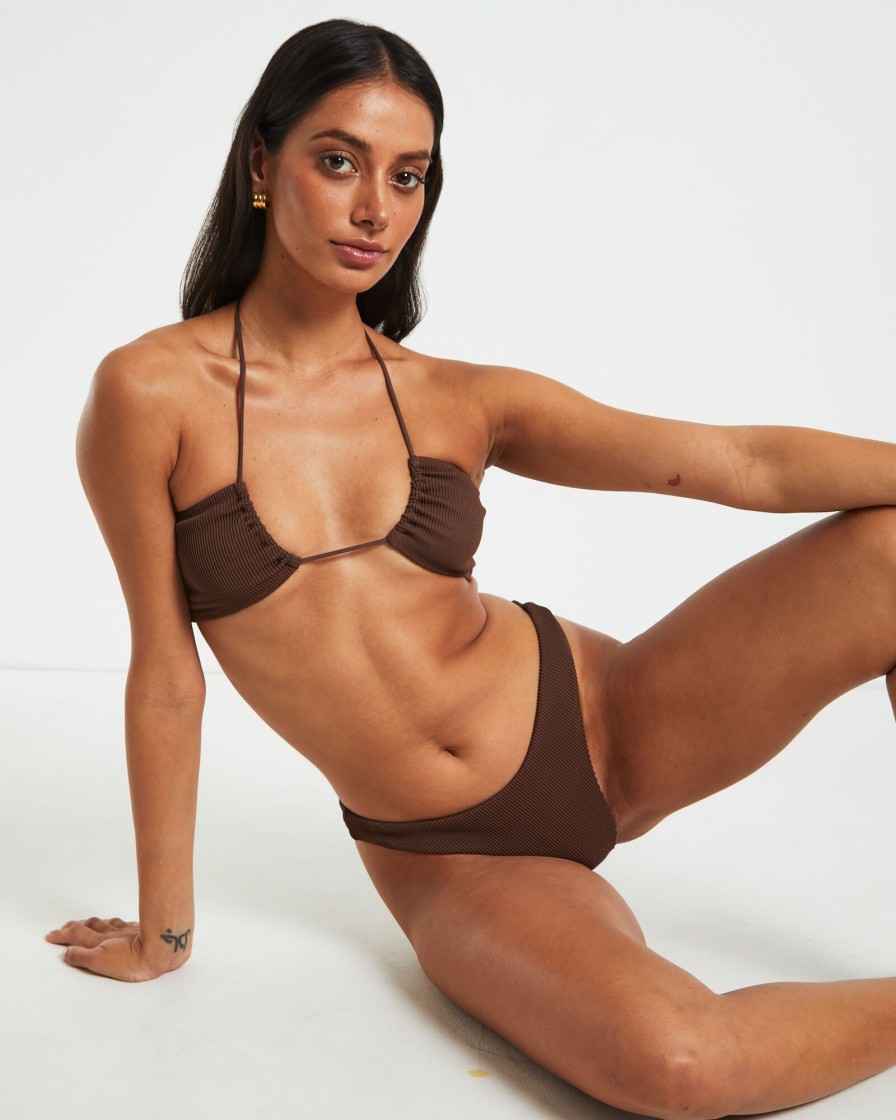 Hot SUBTITLED Rib Cross Front Bikini Top In Chocolate Brown