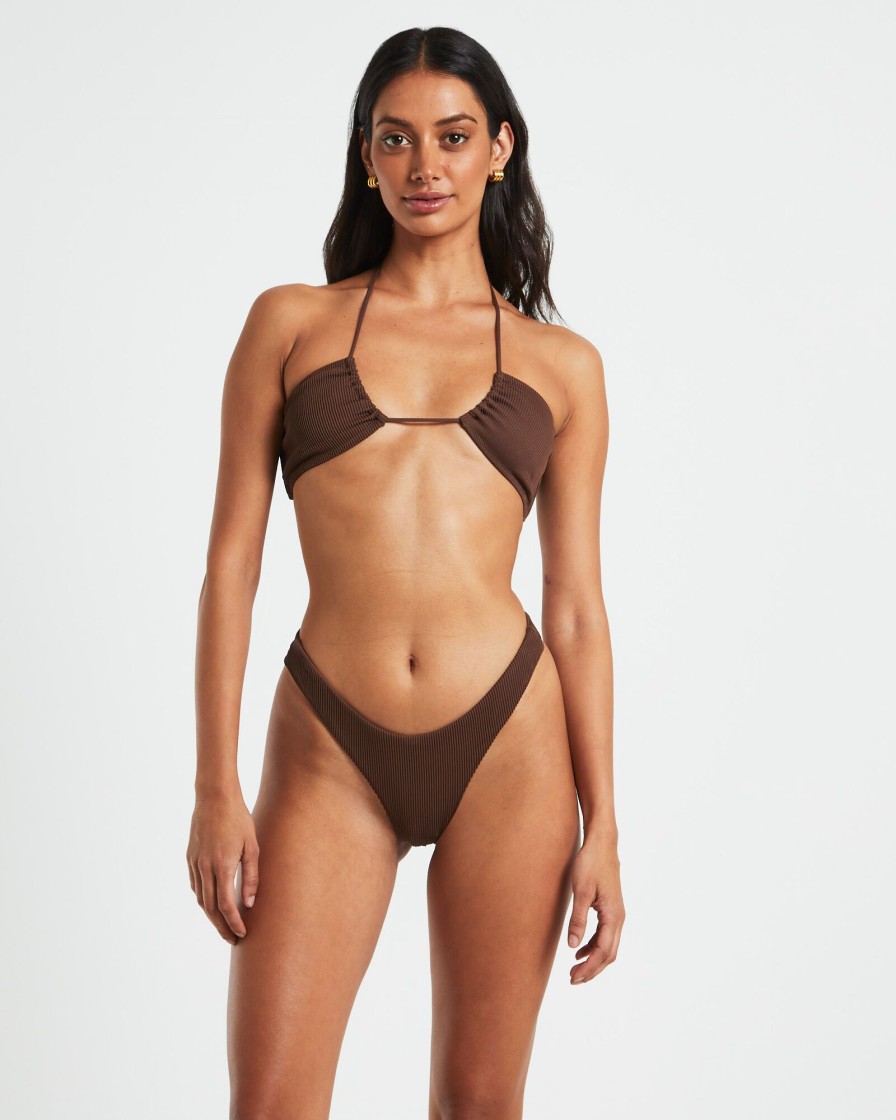 Hot SUBTITLED Rib Cross Front Bikini Top In Chocolate Brown