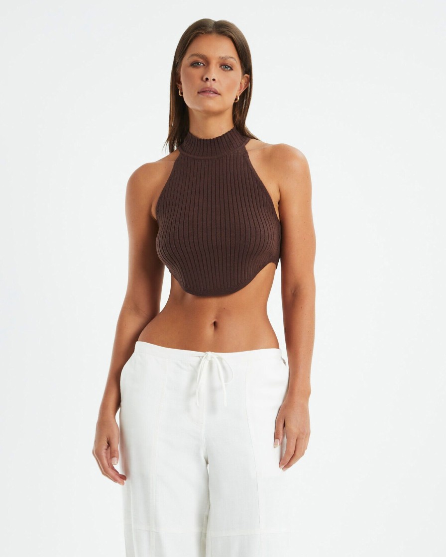 Hot SUBTITLED Athena High Neck Knit Top Mocha Brown