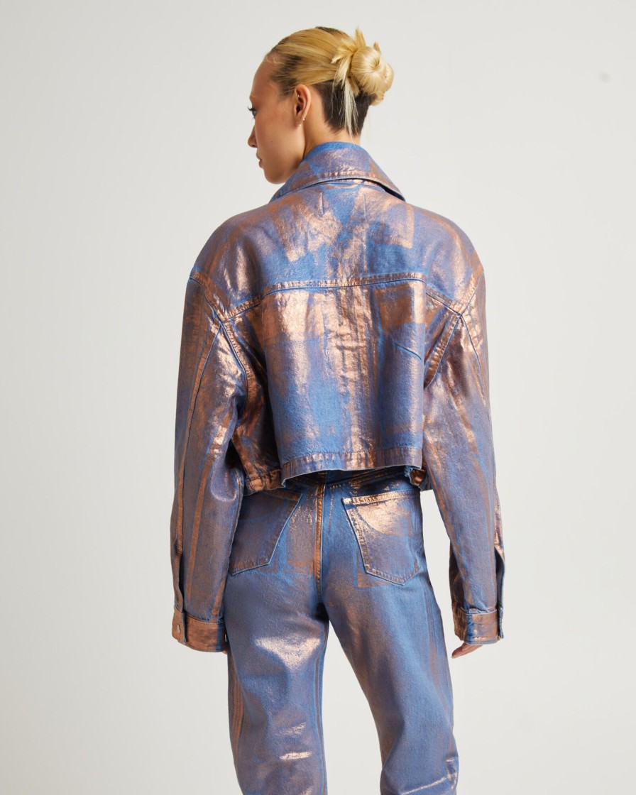 Hot CALVIN KLEIN Cropped Metallic Denim Shirt Jacket