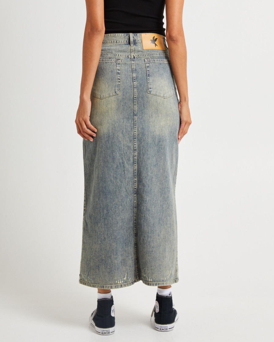 Best ONE TEASPOON High Waisted Denim Column Skirt Dirty Blue