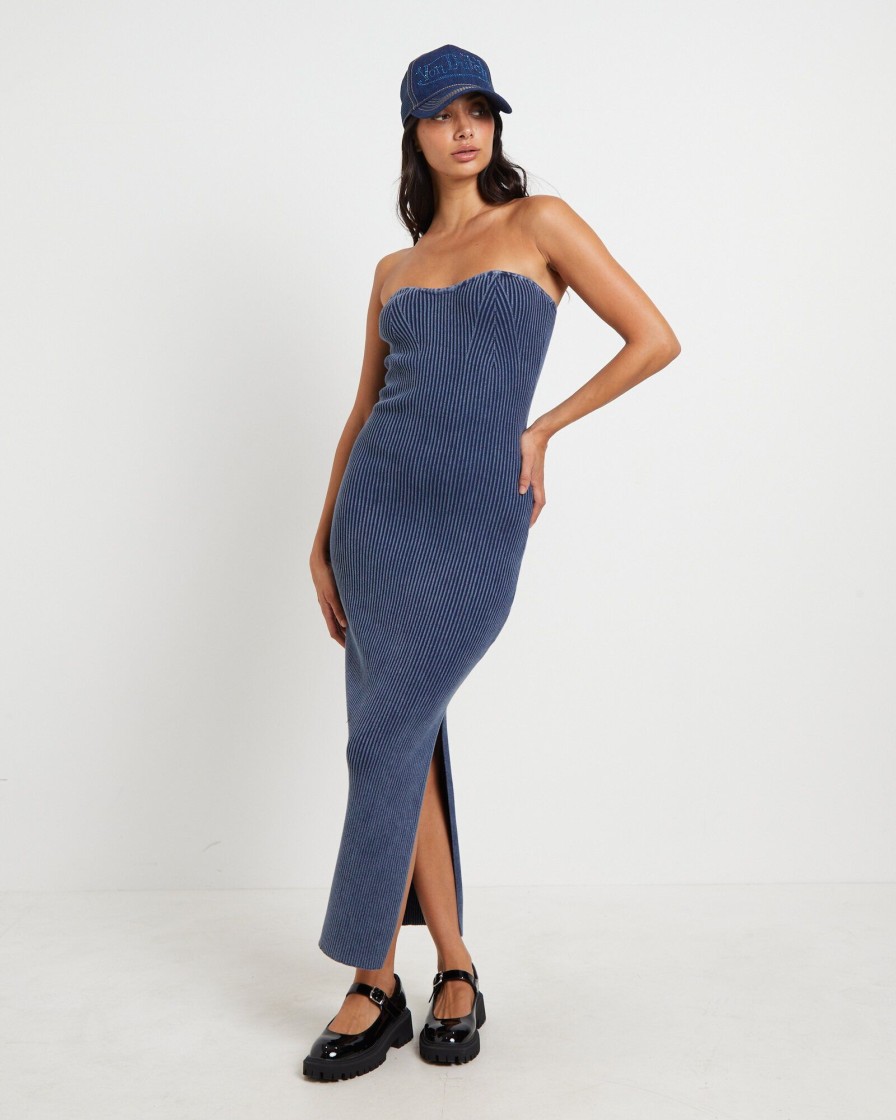 Hot NEON HART Kiah Acid Rib Knit Bandeau Midi Dress In Blue