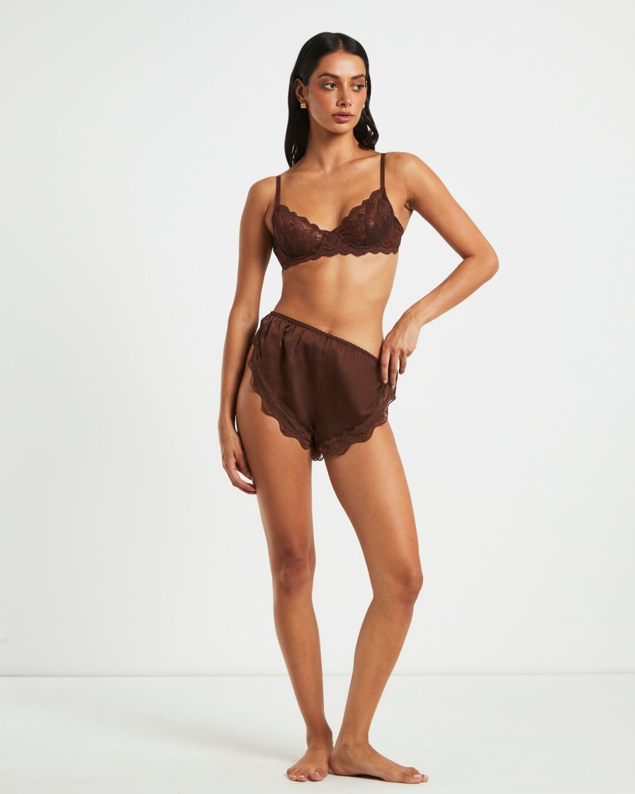 Clearance LOVE NOTES Exie Cheeky Runner Silky Shorts In Chocolate Brown