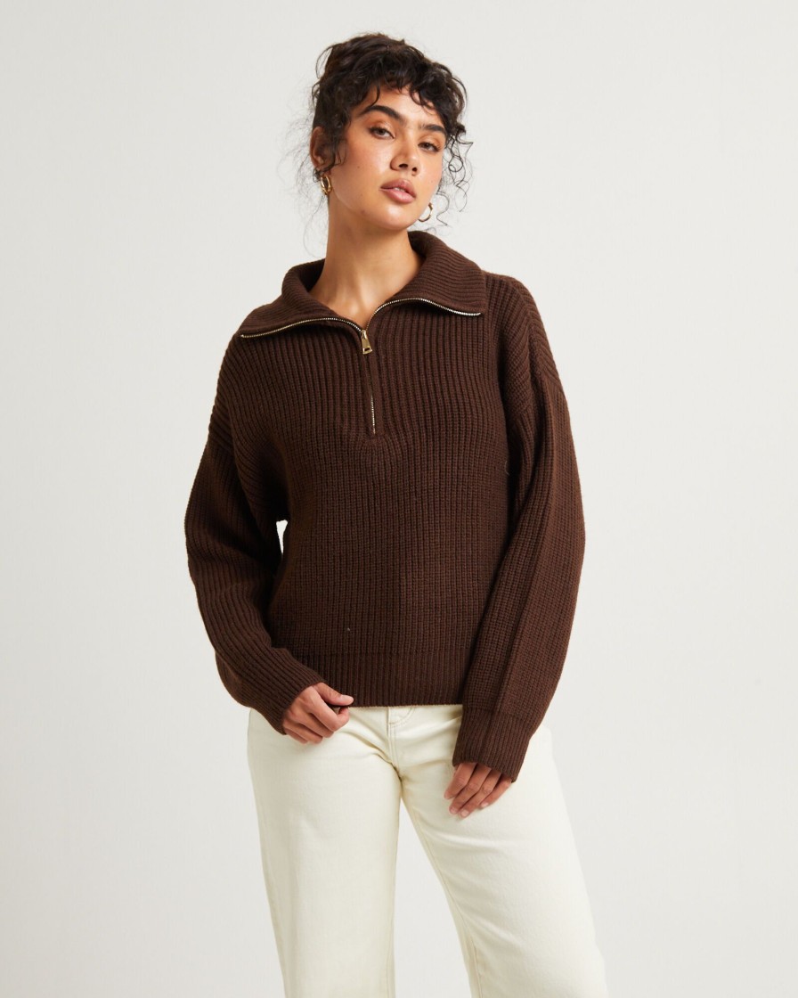 Online SUBTITLED Ezra Half Zip Knit Pull Over Chocolate Brown