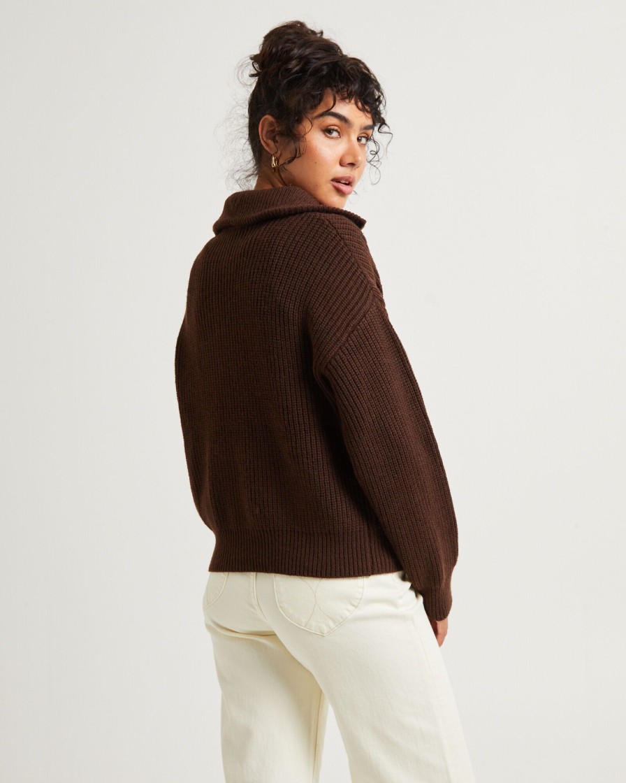 Online SUBTITLED Ezra Half Zip Knit Pull Over Chocolate Brown