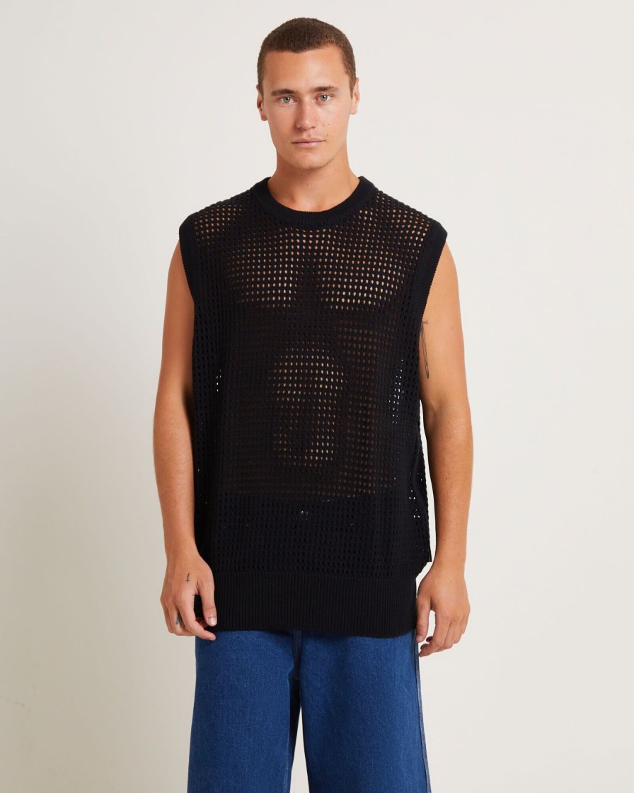 New BLACK NOISE WHITE RAIN Lydo Net Knit Vest In Black