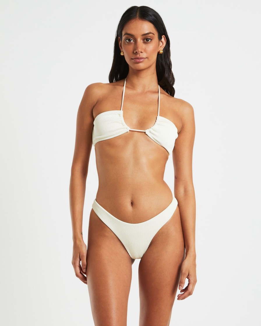 Hot SUBTITLED Rib Cross Front Bikini Top In Almond White