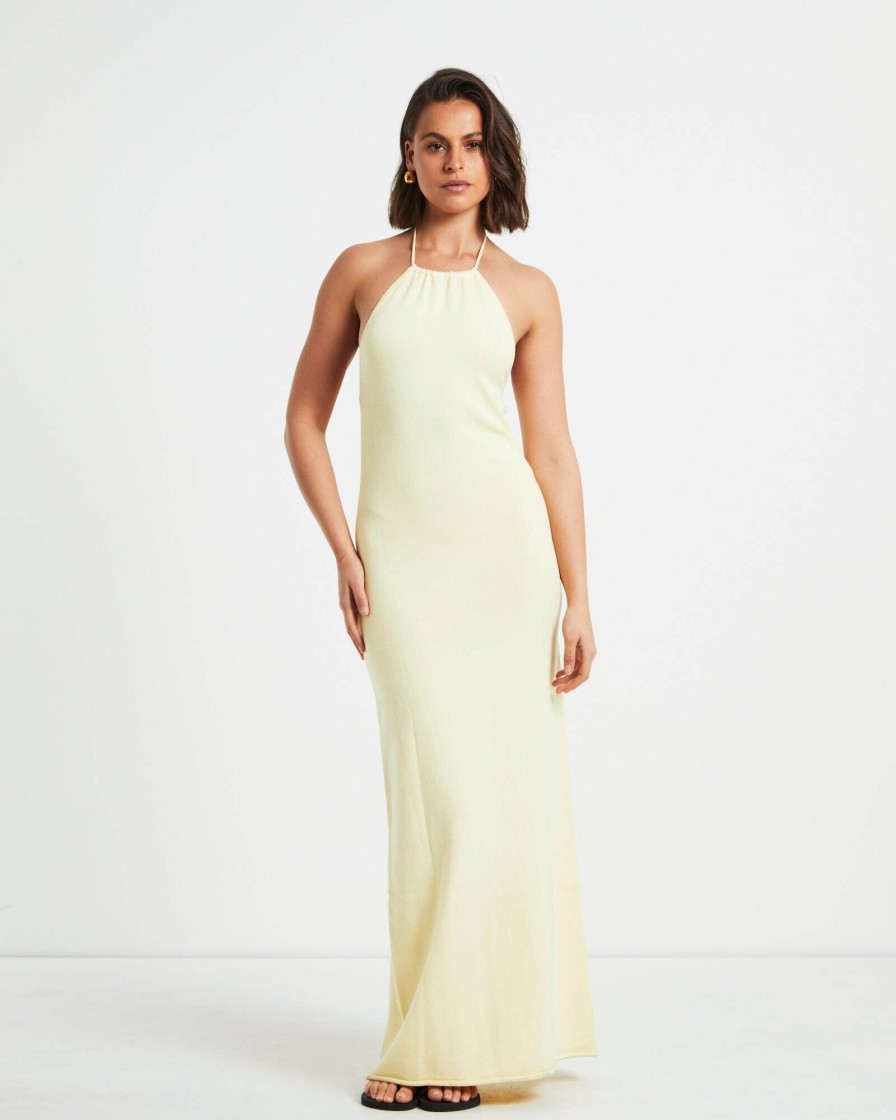 Clearance SUBTITLED Mimi Knit Tie Back Midi Dress In Butter Yellow