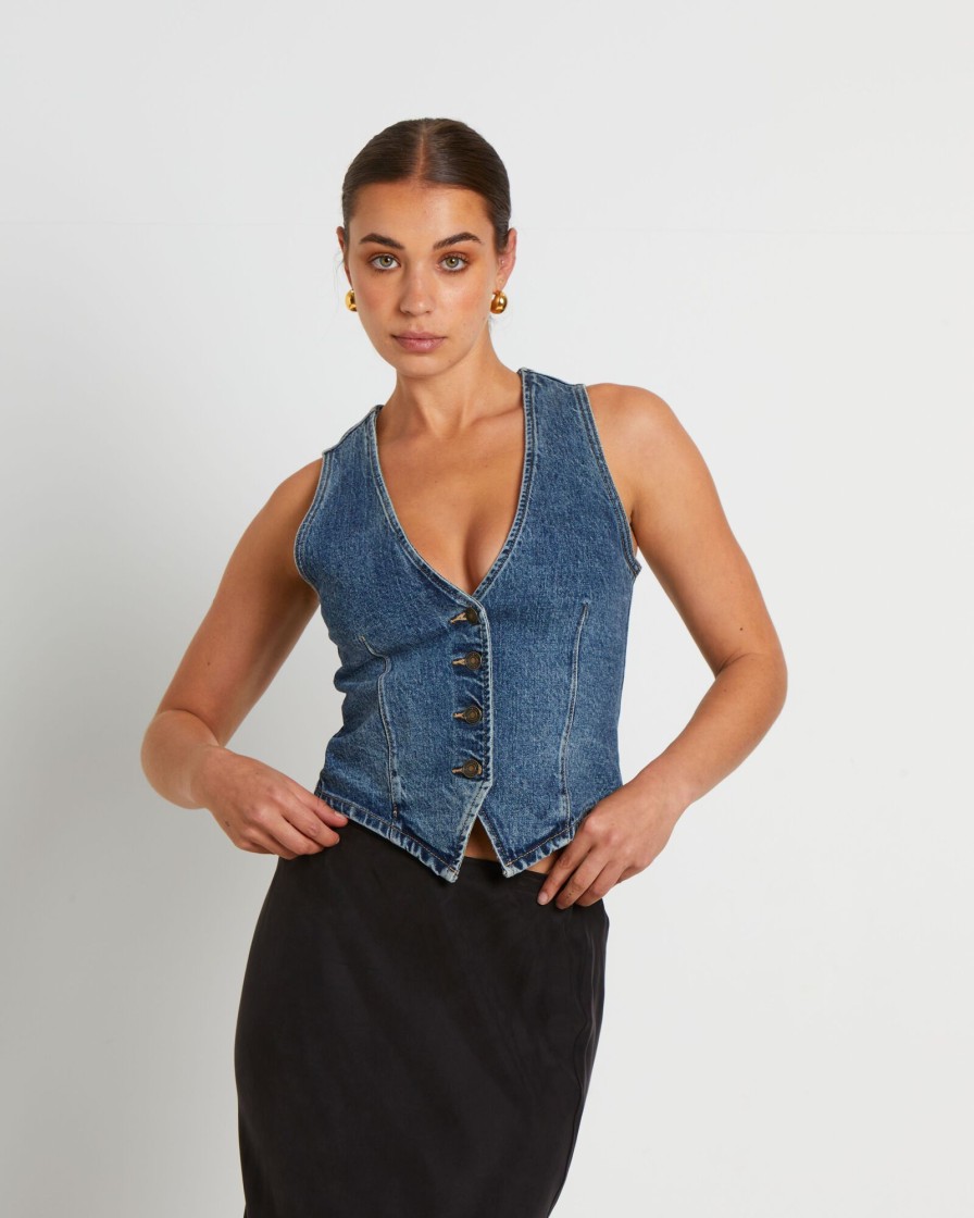 Clearance INSIGHT Howdy Denim Vest In Grunge Blue