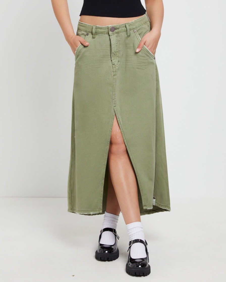 Best ONE TEASPOON St Khaki Mrs Carter Long Denim Skirt In Green