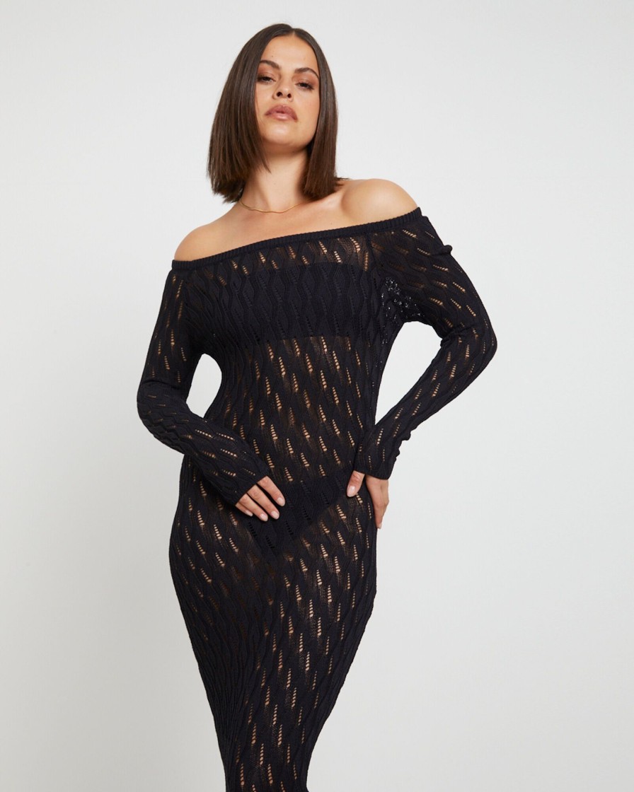 New SNDYS Cleo Midi Long Sleeve Dress In Black