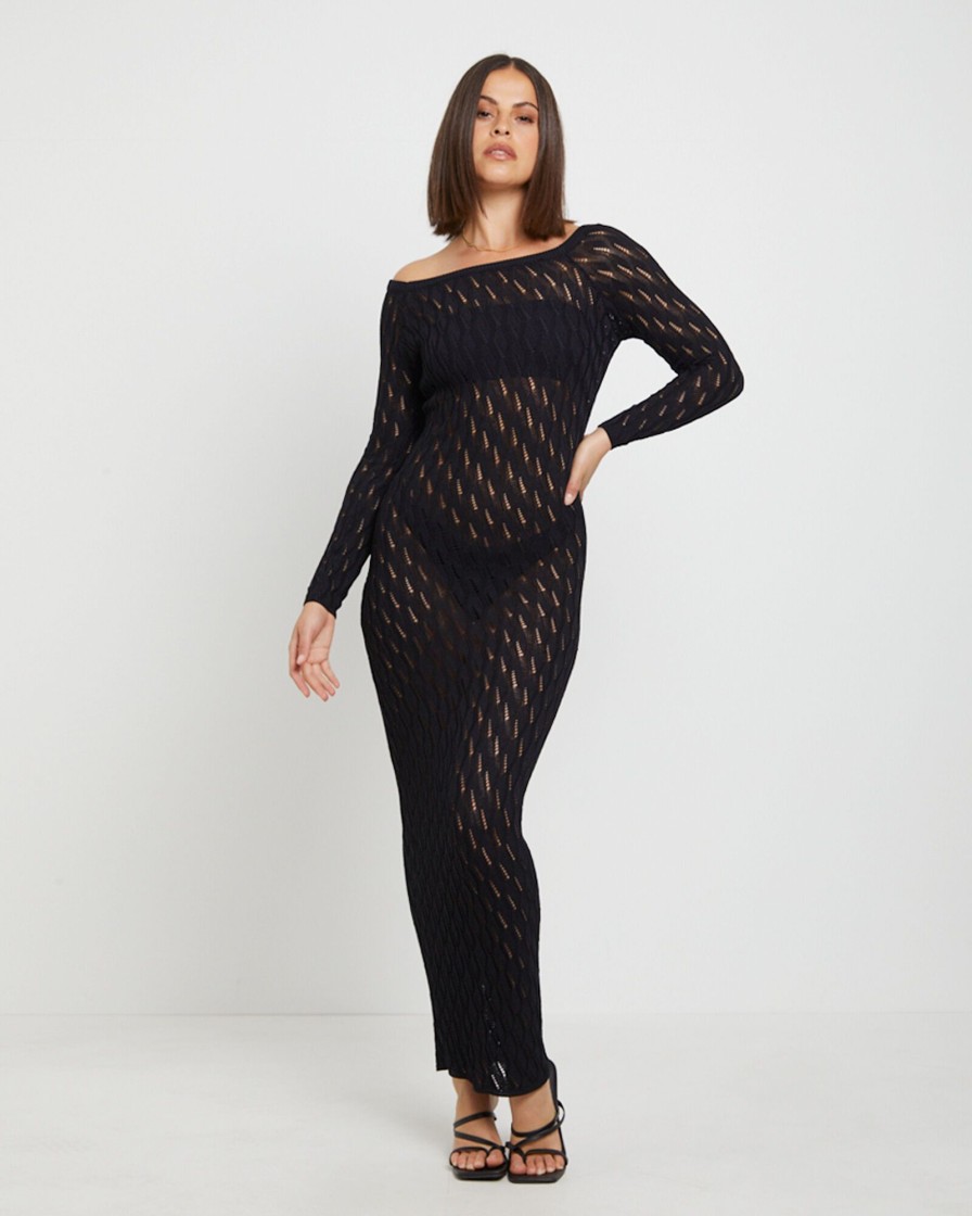 New SNDYS Cleo Midi Long Sleeve Dress In Black