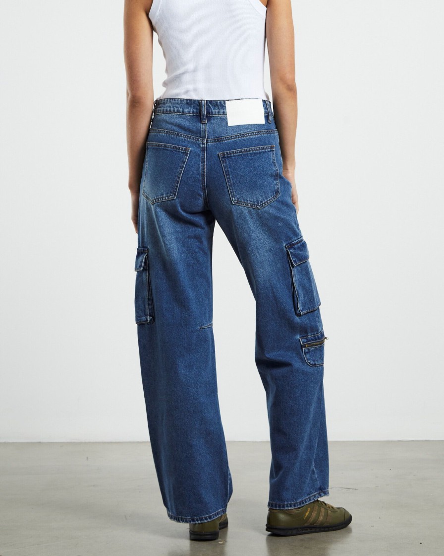 Wholesale ONE TEASPOON Rosewood Cargo Mid Waist Wide Leg Jeans Jackson Blue