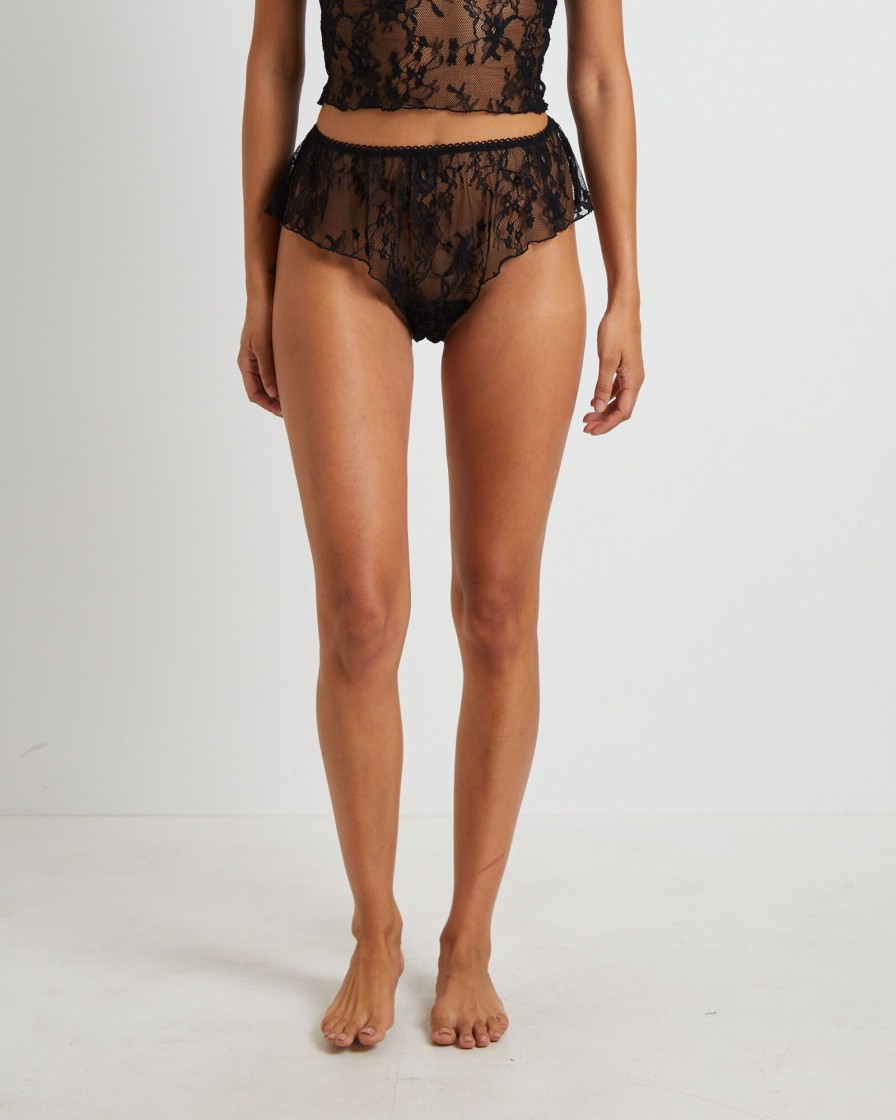 New LOVE NOTES Fifi Fine Lace Ruffle Brief Shorts In Black