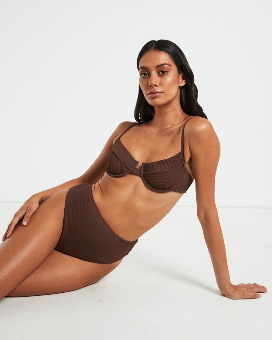 Clearance SUBTITLED Rib Cut Out Underwire Bikini Top In Chocolate Brown