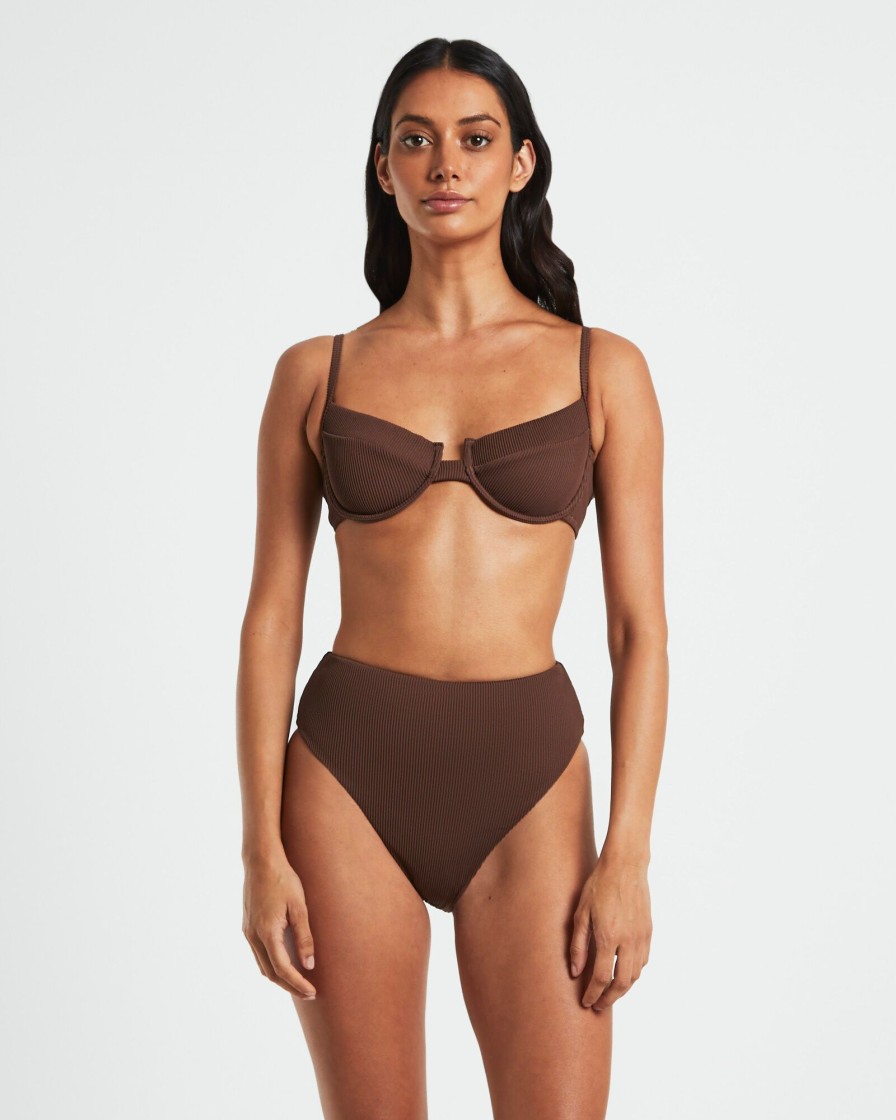 Clearance SUBTITLED Rib Cut Out Underwire Bikini Top In Chocolate Brown