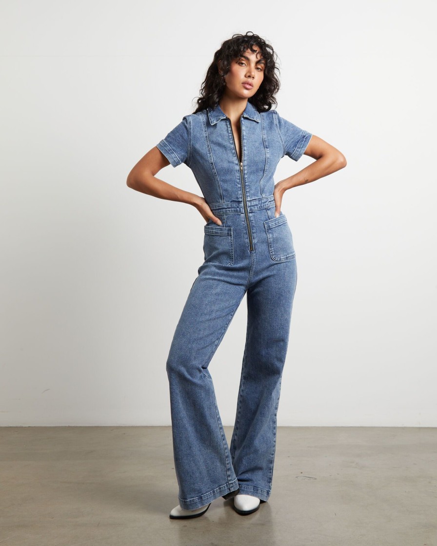 Wholesale INSIGHT Nikki Denim Maxi Boiler Suit In Wasted Blue