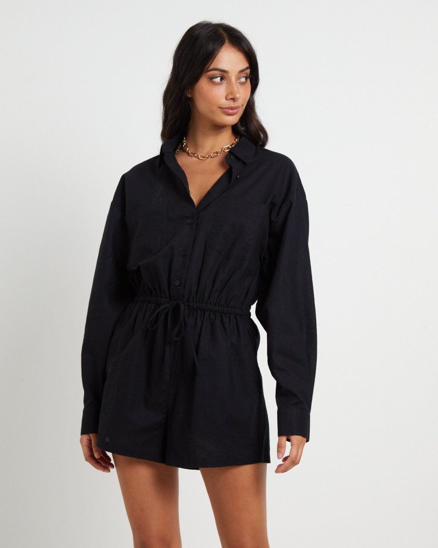 Online SUBTITLED Joslin Boxy Long Sleeve Shirt Playsuit In Black