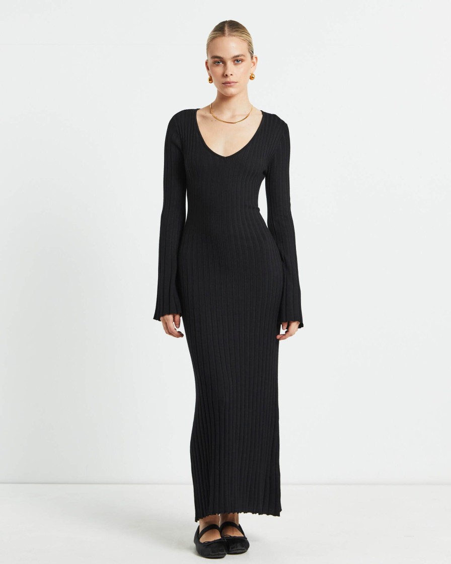 Online SUBTITLED Sophie Long Sleeve Rib Knit Dress Black