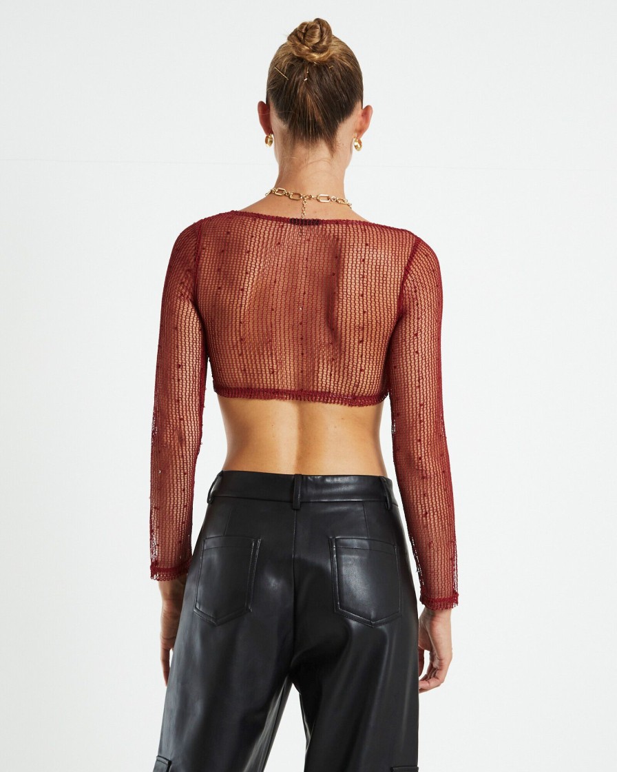 Online ALICE IN THE EVE Emery Shimmer Mesh Long Sleeve Top Garnet Red