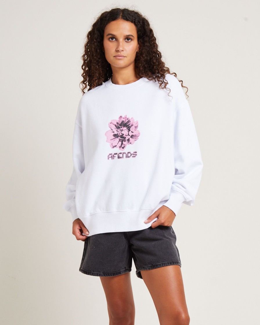 Clearance AFENDS Bloom Recycled Crew Neck Jumper White