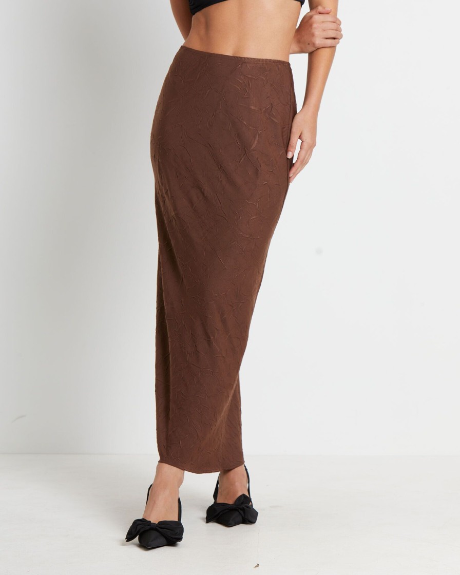 Clearance STUDIO Allegra Crinkle Satin Maxi Skirt In Chocolate Brown