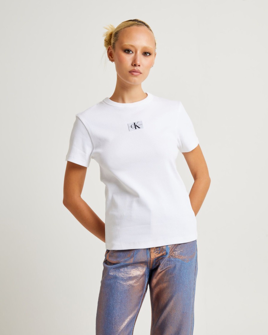 Hot CALVIN KLEIN Woven Label Rib Regular Tee White