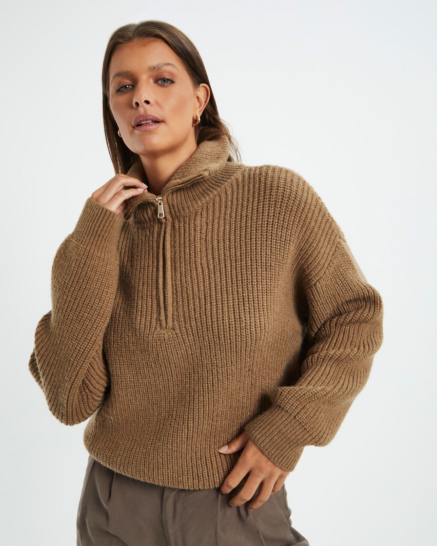 Online SUBTITLED Ezra Half Zip Knit Pull Over Hazelnut