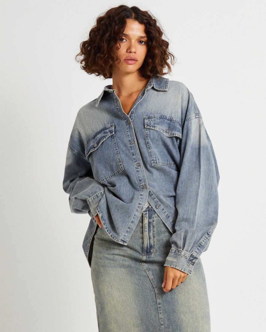 Hot ONE TEASPOON Oversized Denim Western Shirt Dirty Blue