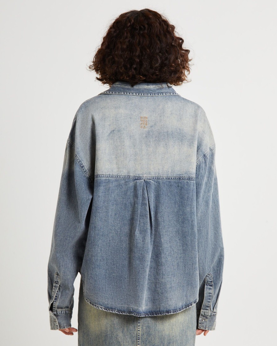 Hot ONE TEASPOON Oversized Denim Western Shirt Dirty Blue