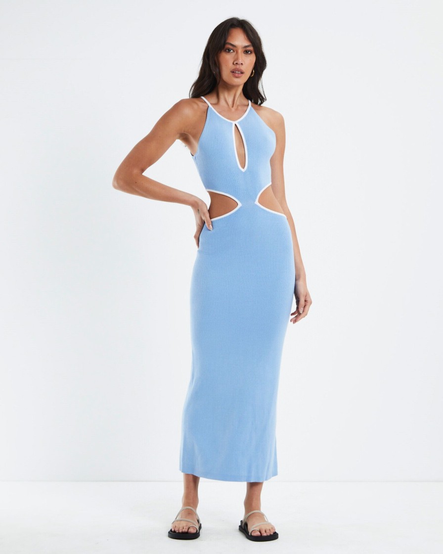 Clearance SUBTITLED Athena Contrast Bind Midi Cut Out Dress Blue