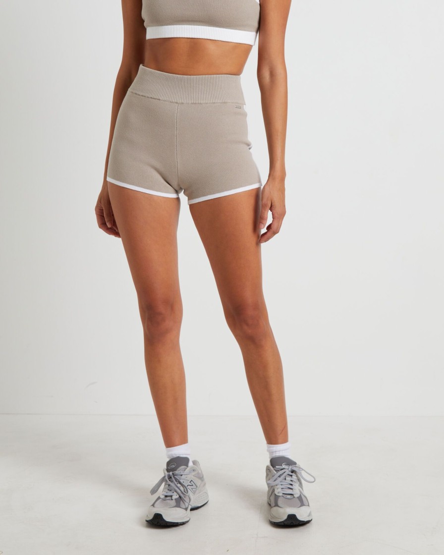 New SUBTITLED SPORTS CLUB Kay Knit Contrast Hot Shorts In Biscuit Beige